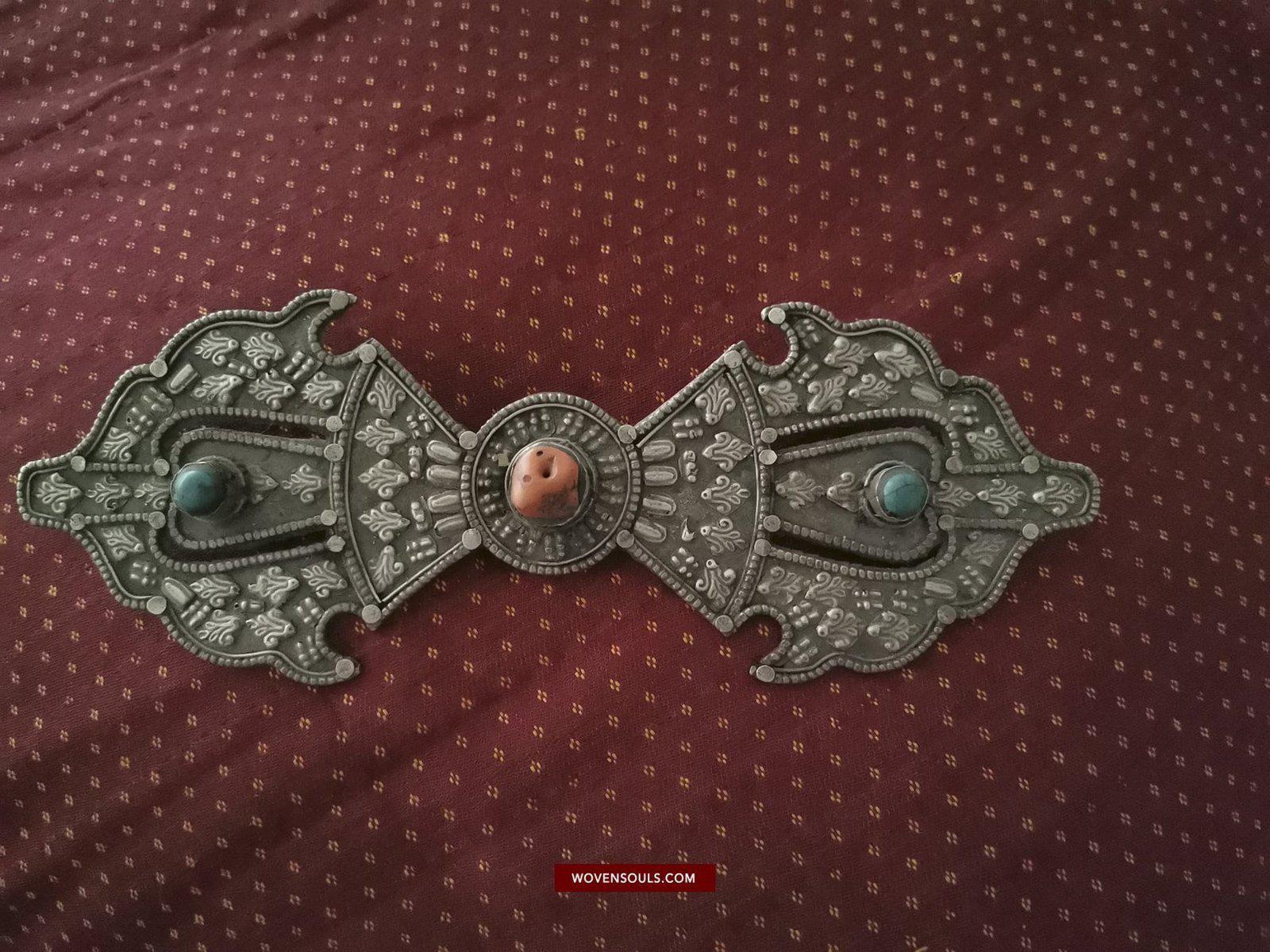 1405 Pair of Rare Antique Tibetan Buckle Ornaments - Silver Coral Turquoise-WOVENSOULS-Antique-Vintage-Textiles-Art-Decor
