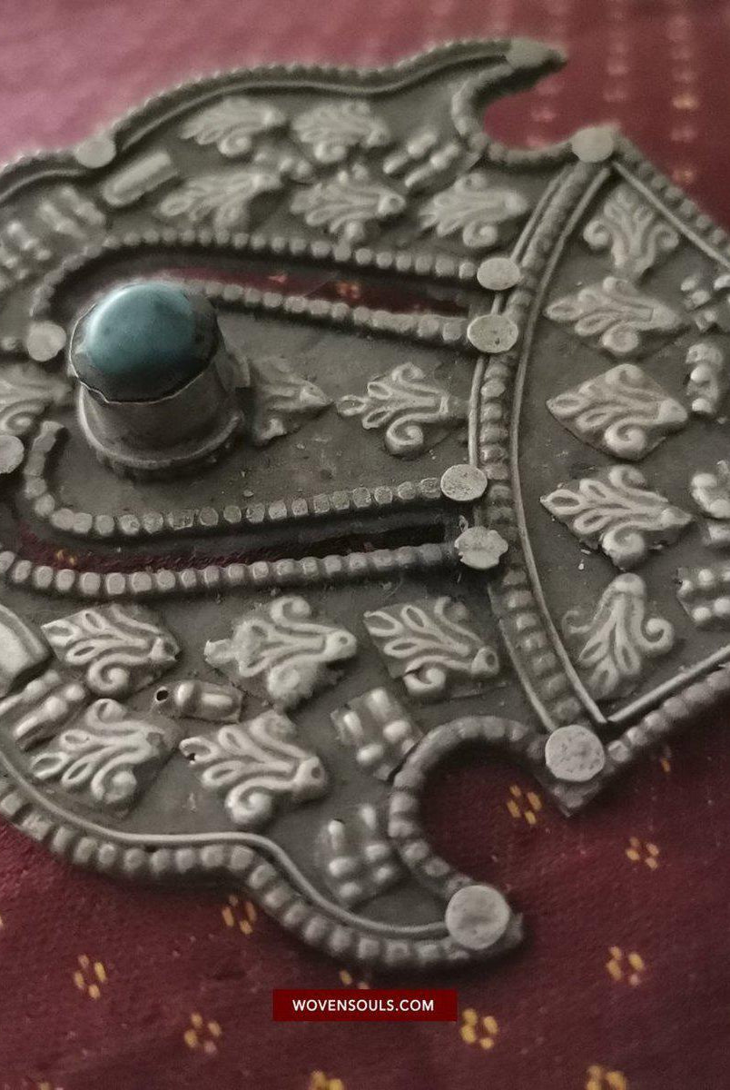 1405 Pair of Rare Antique Tibetan Buckle Ornaments - Silver Coral Turquoise-WOVENSOULS-Antique-Vintage-Textiles-Art-Decor