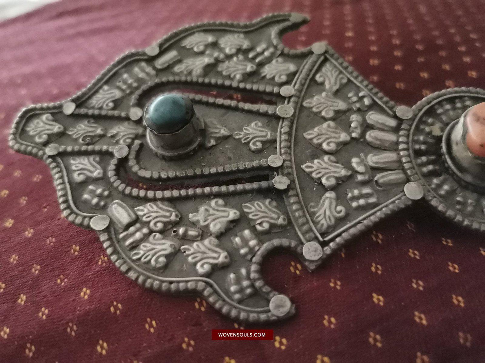 1405 Pair of Rare Antique Tibetan Buckle Ornaments - Silver Coral Turquoise-WOVENSOULS-Antique-Vintage-Textiles-Art-Decor