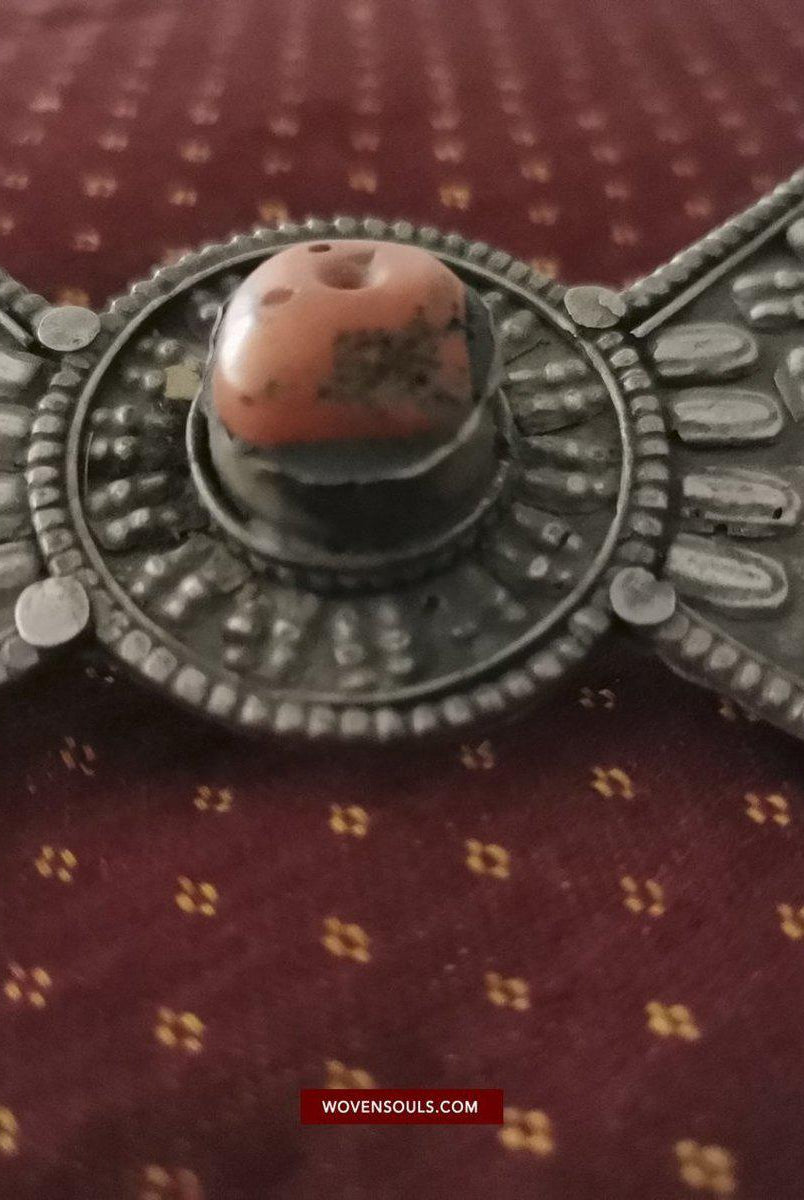 1405 Pair of Rare Antique Tibetan Buckle Ornaments - Silver Coral Turquoise-WOVENSOULS-Antique-Vintage-Textiles-Art-Decor