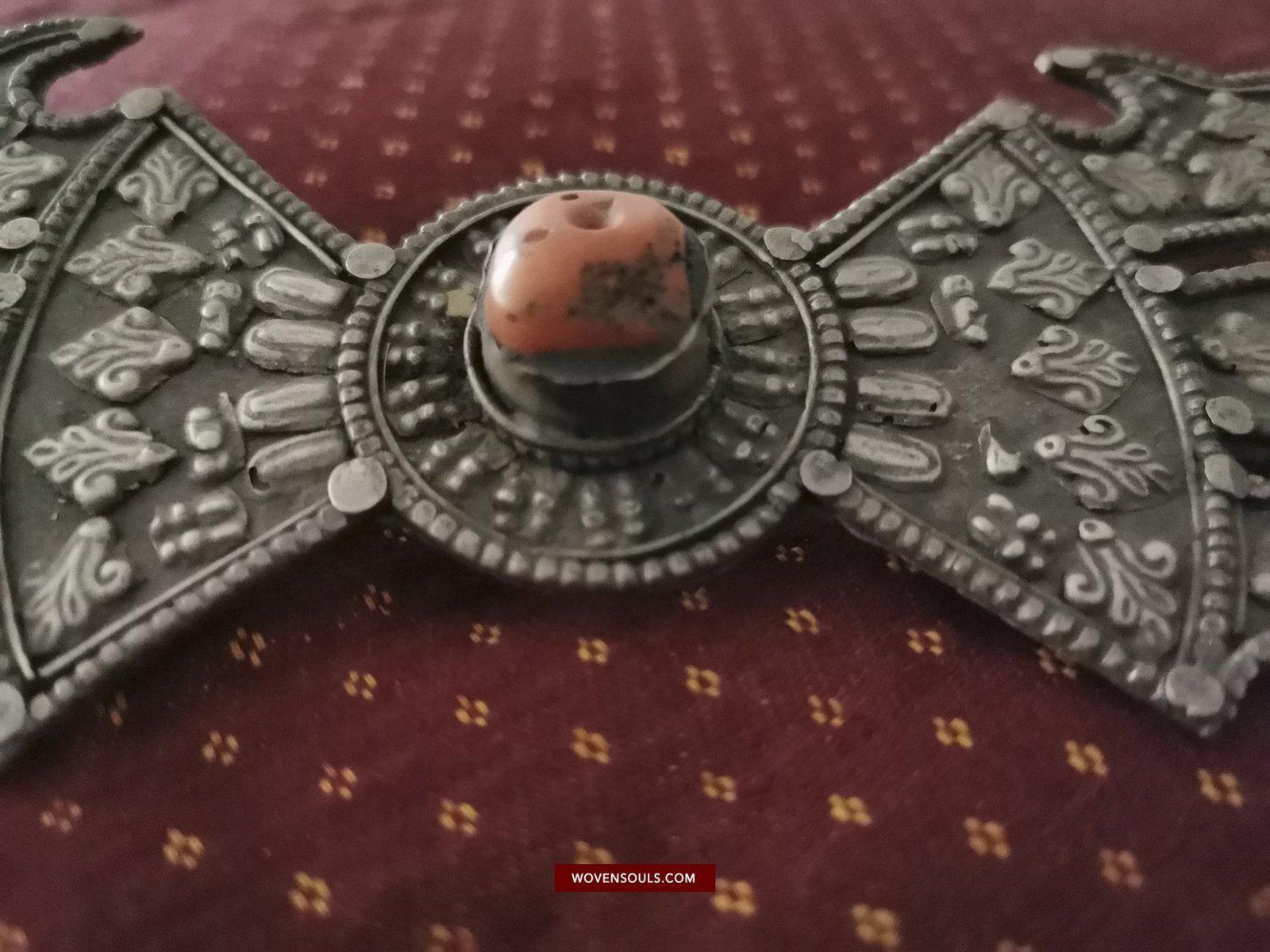 1405 Pair of Rare Antique Tibetan Buckle Ornaments - Silver Coral Turquoise-WOVENSOULS-Antique-Vintage-Textiles-Art-Decor