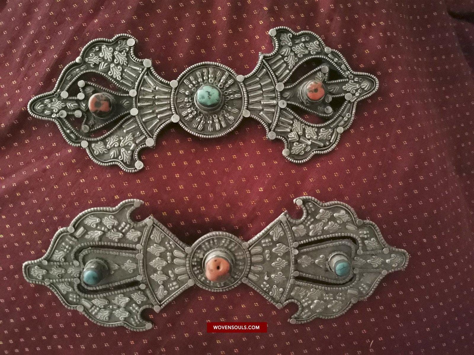 1405 Pair of Rare Antique Tibetan Buckle Ornaments - Silver Coral Turquoise-WOVENSOULS-Antique-Vintage-Textiles-Art-Decor