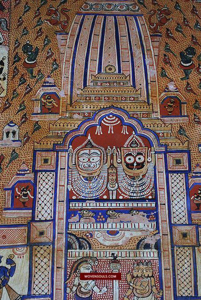 1408 Grande peinture Puri Patta Jagannath Juggernaut avec bleu - Art indienWOVENSOULS-Antique-Vintage-Textiles-Art-Décor