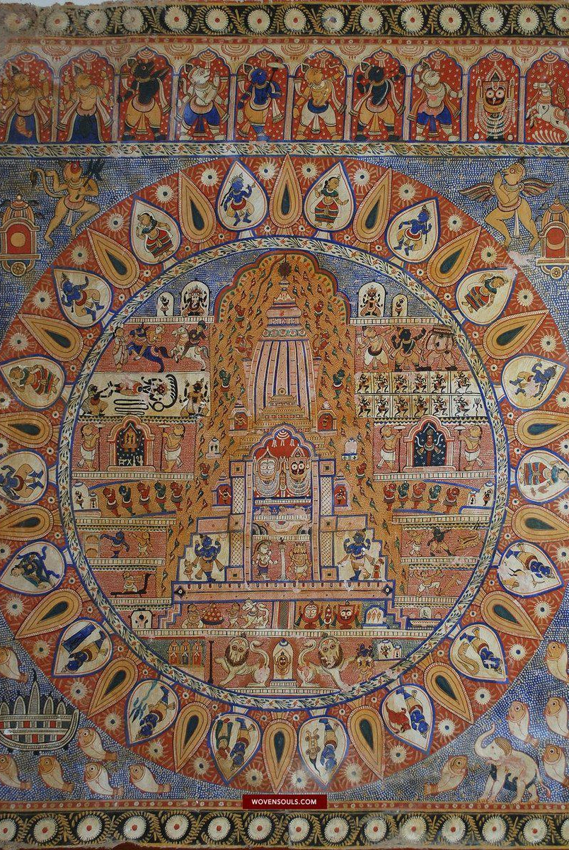 1408 Grande peinture Puri Patta Jagannath Juggernaut avec bleu - Art indienWOVENSOULS-Antique-Vintage-Textiles-Art-Décor