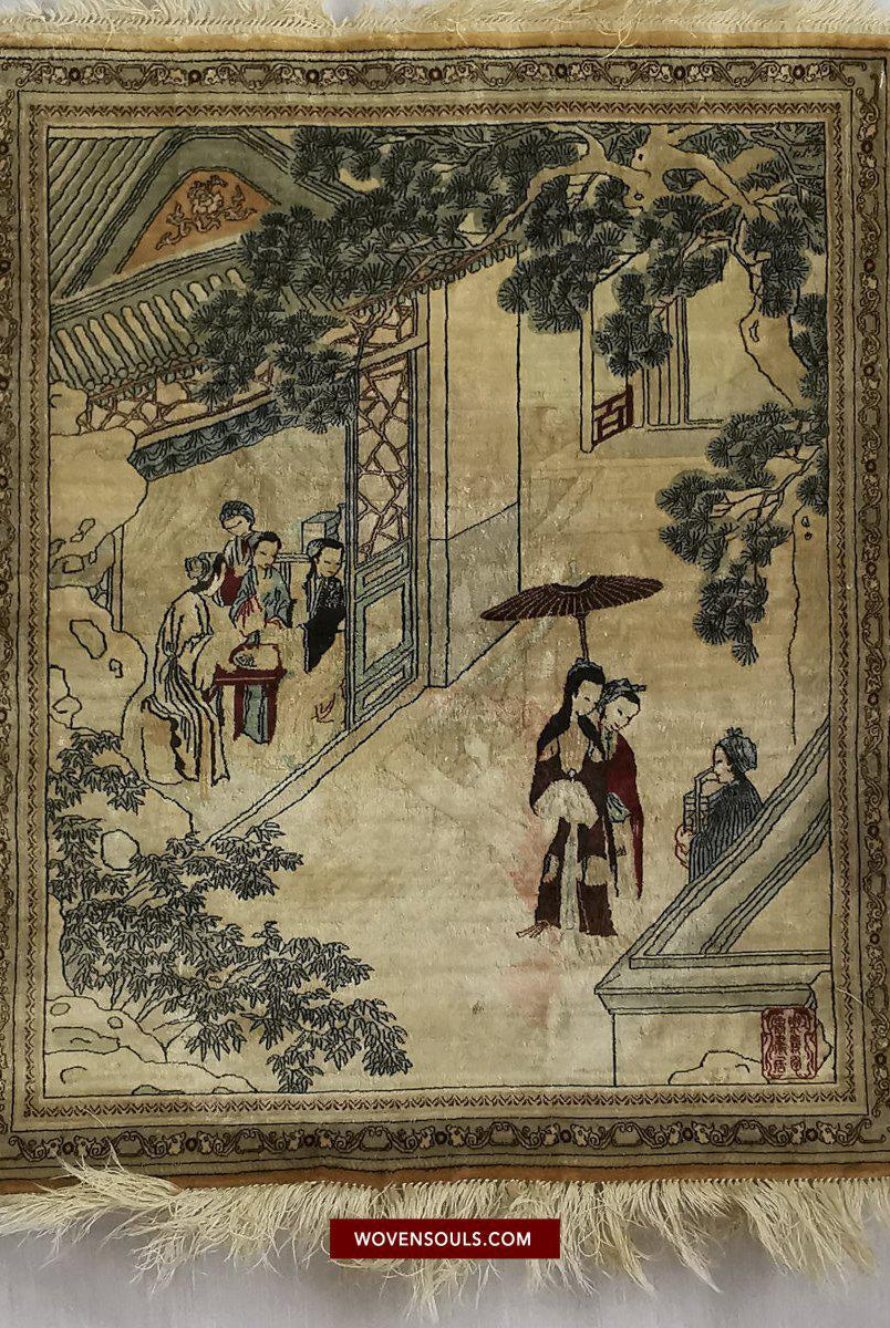 1423 Old Chinese Pictorial Silk Rug Tea House Scene-WOVENSOULS-Antique-Vintage-Textiles-Art-Decor