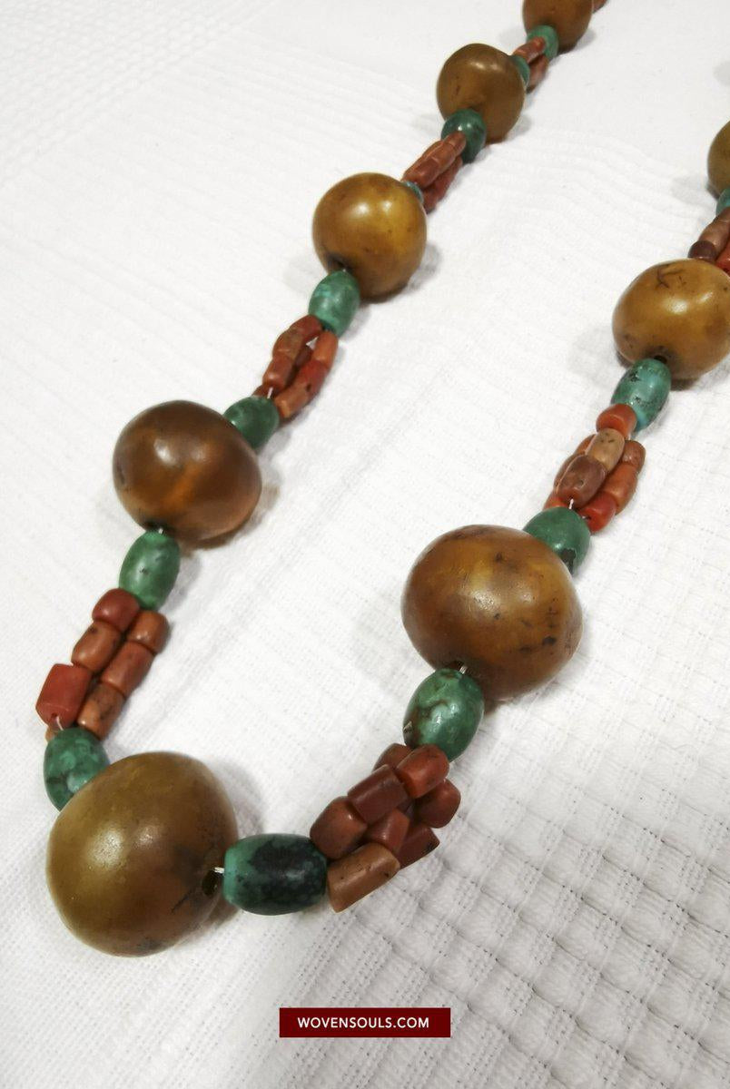 1458 Antique Himalayan Tibetan / Ladakhi Heirloom Jewelry with Amber Coral Turquoise Necklace-WOVENSOULS-Antique-Vintage-Textiles-Art-Decor