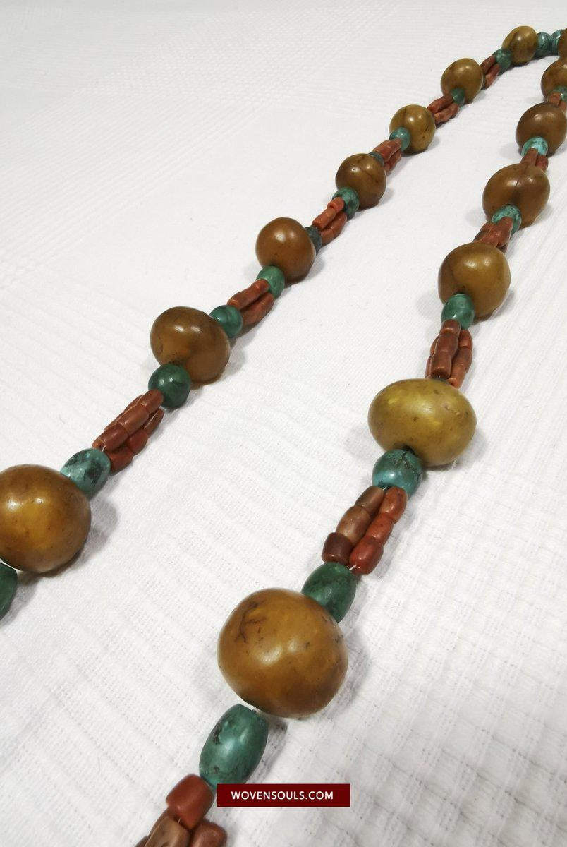 1458 Antique Himalayan Tibetan / Ladakhi Heirloom Jewelry with Amber Coral Turquoise Necklace-WOVENSOULS-Antique-Vintage-Textiles-Art-Decor