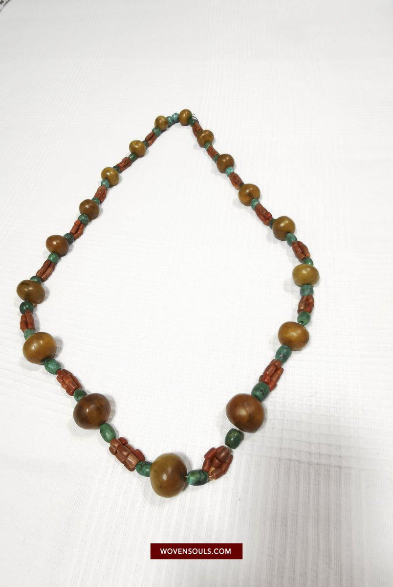 1458 Antique Himalayan Tibetan / Ladakhi Heirloom Jewelry with Amber Coral Turquoise Necklace-WOVENSOULS-Antique-Vintage-Textiles-Art-Decor