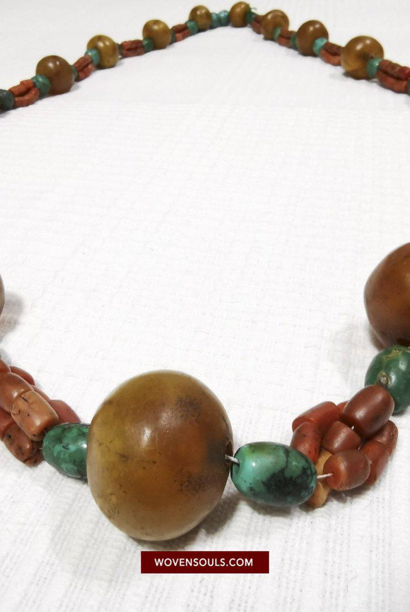 1458 Antique Himalayan Tibetan / Ladakhi Heirloom Jewelry with Amber Coral Turquoise Necklace-WOVENSOULS-Antique-Vintage-Textiles-Art-Decor