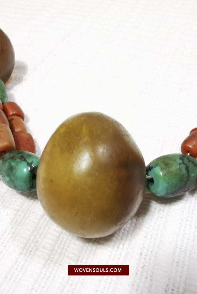 1458 Antique Himalayan Tibetan / Ladakhi Heirloom Jewelry with Amber Coral Turquoise Necklace-WOVENSOULS-Antique-Vintage-Textiles-Art-Decor