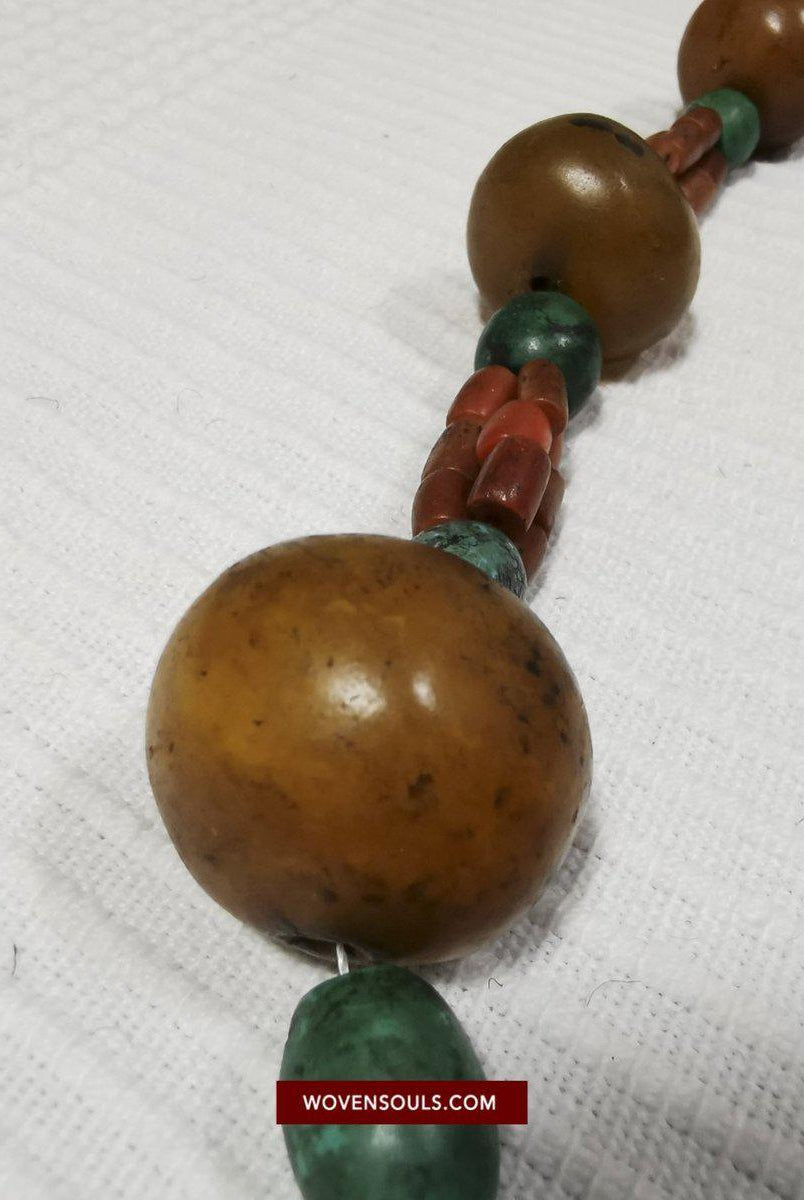 1458 Antique Himalayan Tibetan / Ladakhi Heirloom Jewelry with Amber Coral Turquoise Necklace-WOVENSOULS-Antique-Vintage-Textiles-Art-Decor