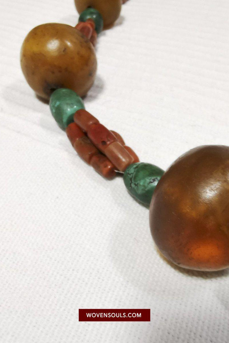 1458 Antique Himalayan Tibetan / Ladakhi Heirloom Jewelry with Amber Coral Turquoise Necklace-WOVENSOULS-Antique-Vintage-Textiles-Art-Decor