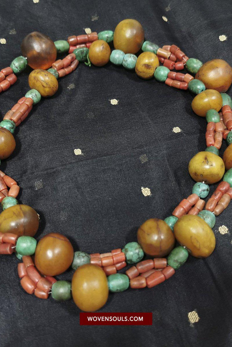 1458 Antique Himalayan Tibetan / Ladakhi Heirloom Jewelry with Amber Coral Turquoise Necklace-WOVENSOULS-Antique-Vintage-Textiles-Art-Decor