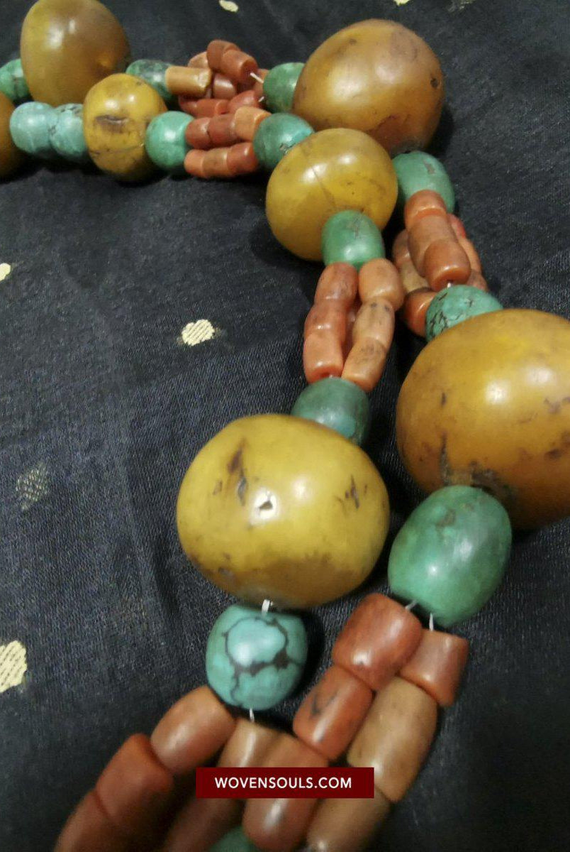 1458 Antique Himalayan Tibetan / Ladakhi Heirloom Jewelry with Amber Coral Turquoise Necklace-WOVENSOULS-Antique-Vintage-Textiles-Art-Decor