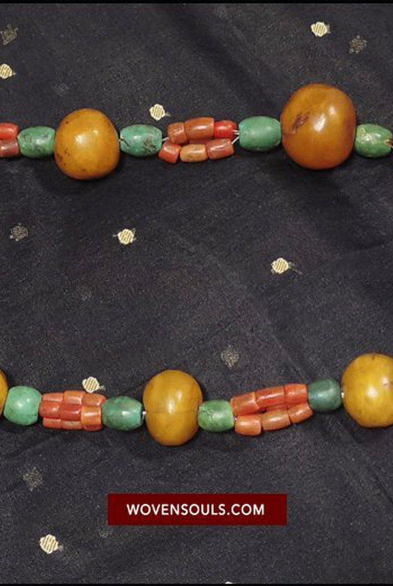 1458 Antique Himalayan Tibetan / Ladakhi Heirloom Jewelry with Amber Coral Turquoise Necklace-WOVENSOULS-Antique-Vintage-Textiles-Art-Decor