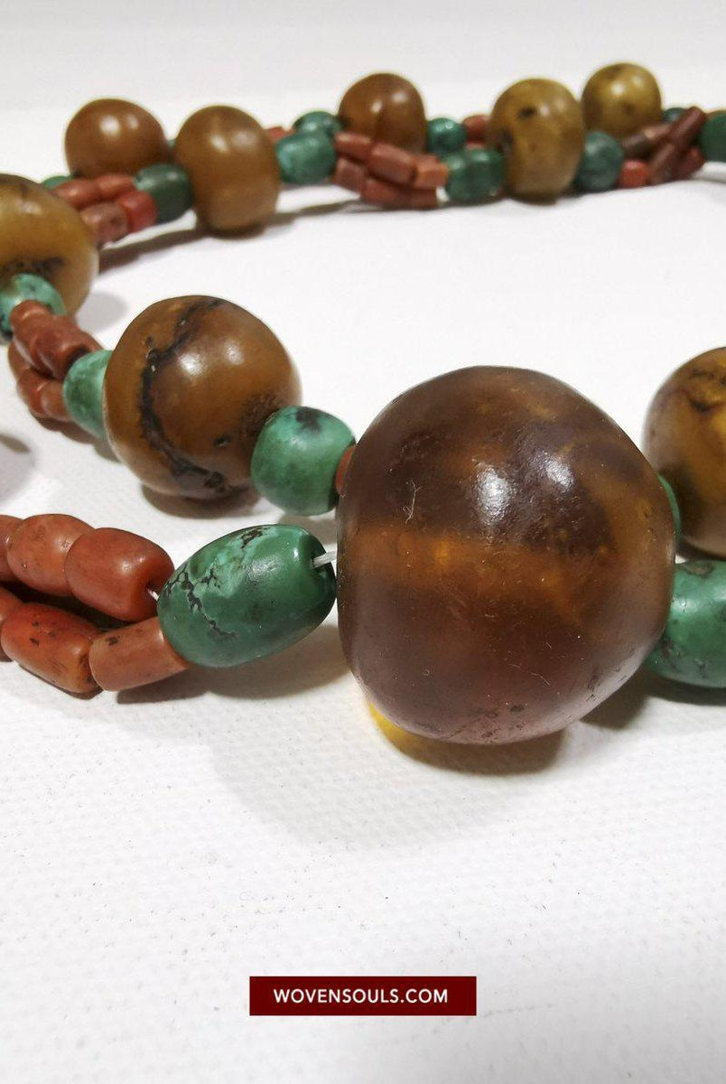 1458 Antique Himalayan Tibetan / Ladakhi Heirloom Jewelry with Amber Coral Turquoise Necklace-WOVENSOULS-Antique-Vintage-Textiles-Art-Decor