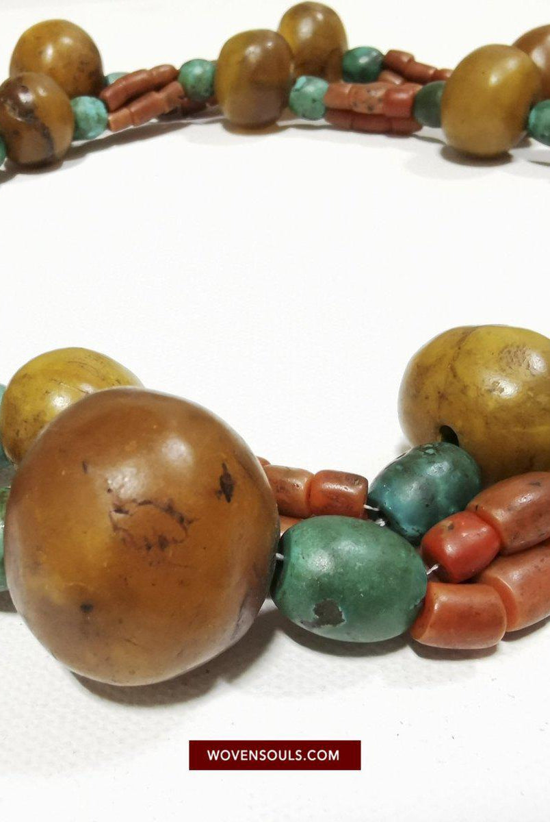 1458 Antique Himalayan Tibetan / Ladakhi Heirloom Jewelry with Amber Coral Turquoise Necklace-WOVENSOULS-Antique-Vintage-Textiles-Art-Decor