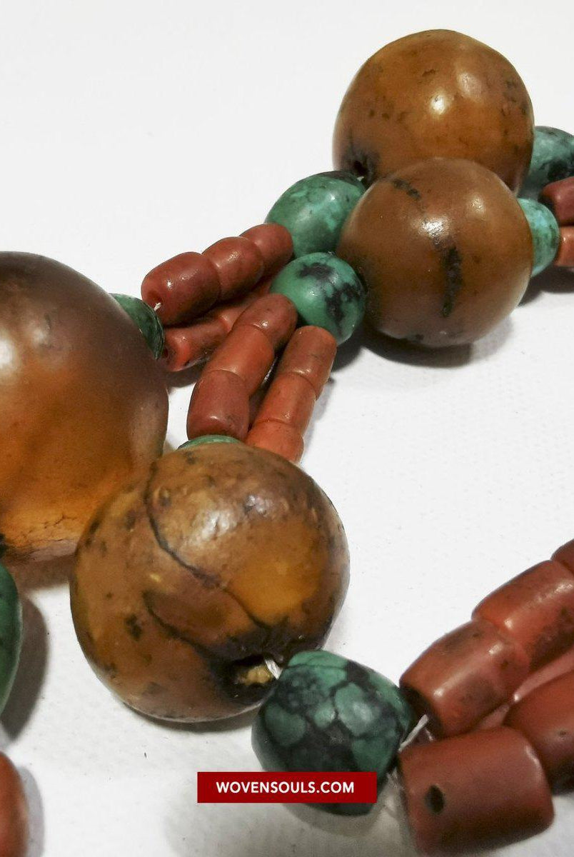 1458 Antique Himalayan Tibetan / Ladakhi Heirloom Jewelry with Amber Coral Turquoise Necklace-WOVENSOULS-Antique-Vintage-Textiles-Art-Decor