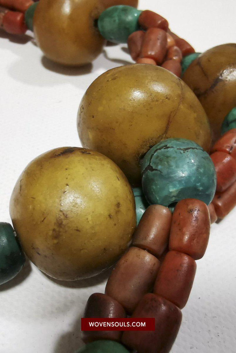 1458 Antique Himalayan Tibetan / Ladakhi Heirloom Jewelry with Amber Coral Turquoise Necklace-WOVENSOULS-Antique-Vintage-Textiles-Art-Decor