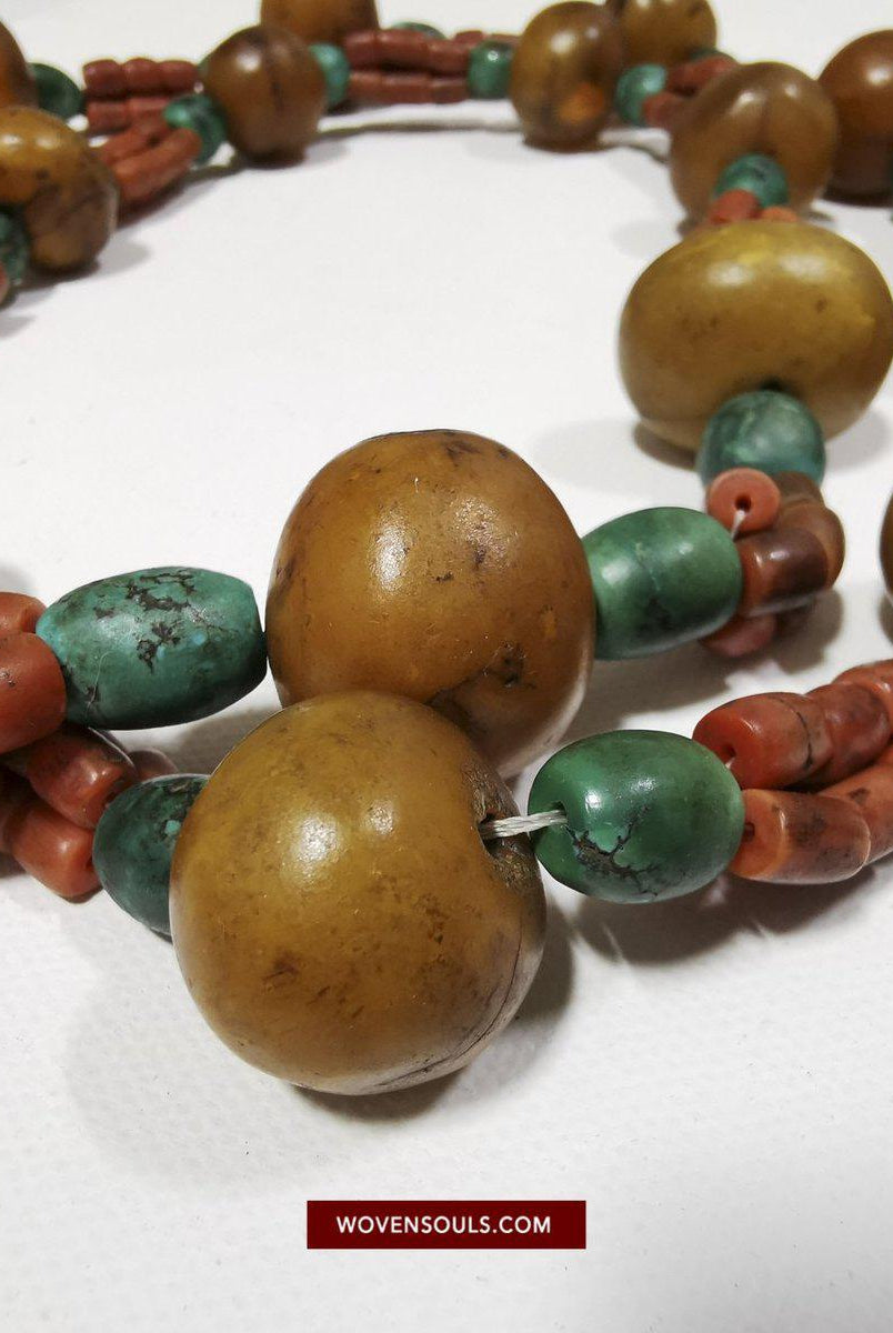 1458 Antique Himalayan Tibetan / Ladakhi Heirloom Jewelry with Amber Coral Turquoise Necklace-WOVENSOULS-Antique-Vintage-Textiles-Art-Decor