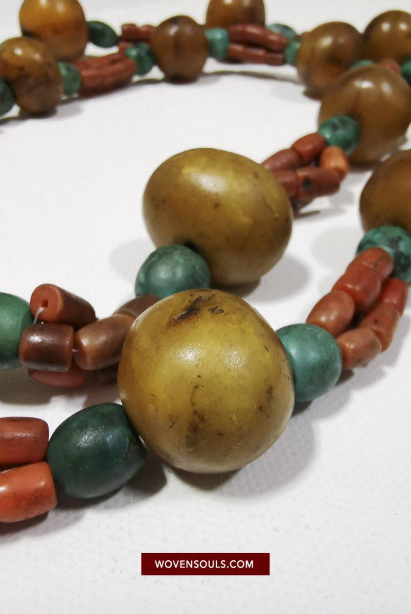 1458 Antique Himalayan Tibetan / Ladakhi Heirloom Jewelry with Amber Coral Turquoise Necklace-WOVENSOULS-Antique-Vintage-Textiles-Art-Decor