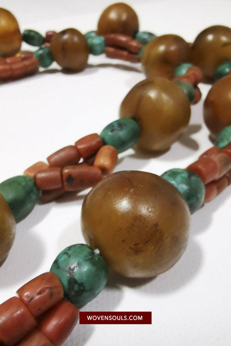 1458 Antique Himalayan Tibetan / Ladakhi Heirloom Jewelry with Amber Coral Turquoise Necklace-WOVENSOULS-Antique-Vintage-Textiles-Art-Decor