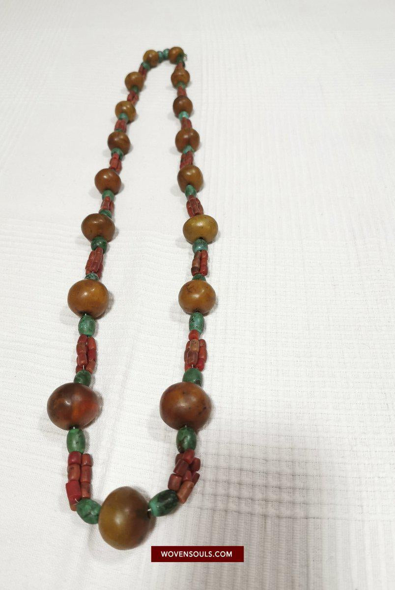 1458 Antique Himalayan Tibetan / Ladakhi Heirloom Jewelry with Amber Coral Turquoise Necklace-WOVENSOULS-Antique-Vintage-Textiles-Art-Decor