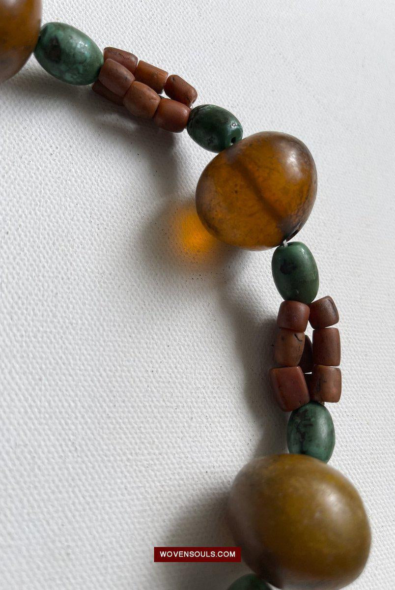 1458 Antique Himalayan Tibetan / Ladakhi Heirloom Jewelry with Amber Coral Turquoise Necklace-WOVENSOULS-Antique-Vintage-Textiles-Art-Decor