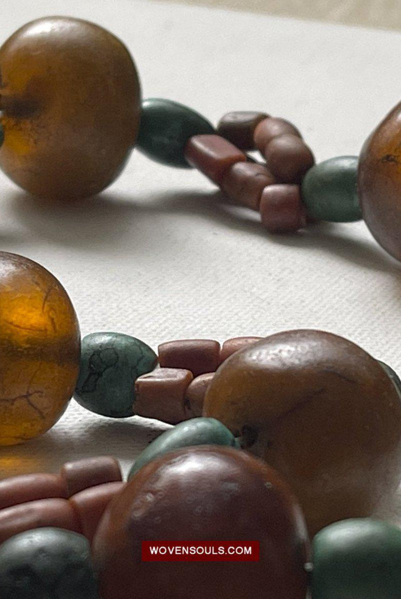 1458 Antique Himalayan Tibetan / Ladakhi Heirloom Jewelry with Amber Coral Turquoise Necklace-WOVENSOULS-Antique-Vintage-Textiles-Art-Decor