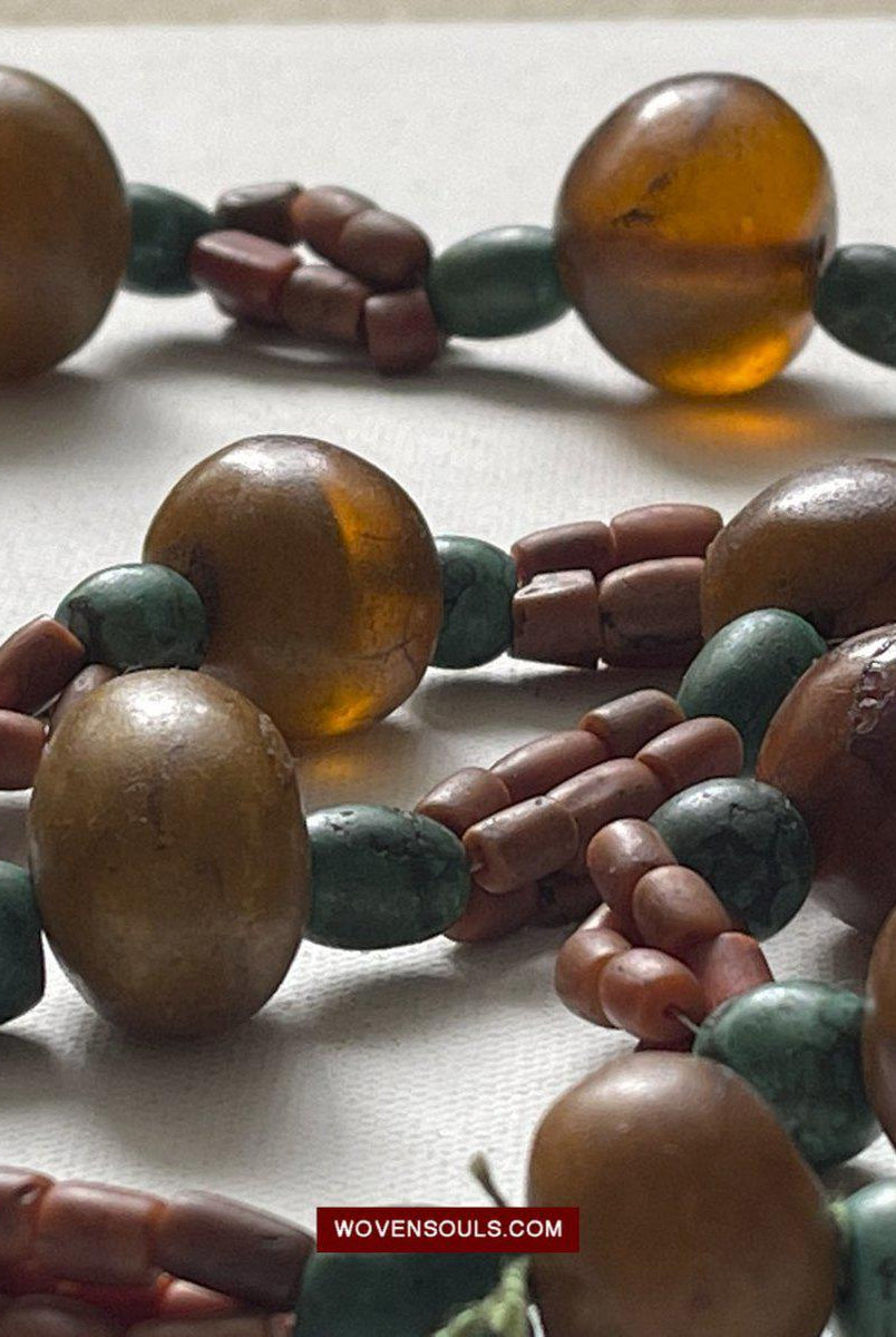 1458 Antique Himalayan Tibetan / Ladakhi Heirloom Jewelry with Amber Coral Turquoise Necklace-WOVENSOULS-Antique-Vintage-Textiles-Art-Decor