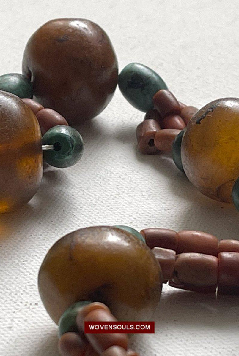 1458 Antique Himalayan Tibetan / Ladakhi Heirloom Jewelry with Amber Coral Turquoise Necklace-WOVENSOULS-Antique-Vintage-Textiles-Art-Decor