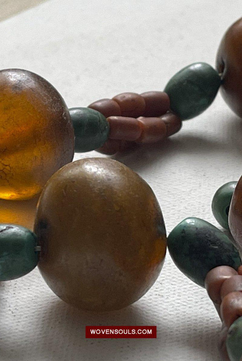 1458 Antique Himalayan Tibetan / Ladakhi Heirloom Jewelry with Amber Coral Turquoise Necklace-WOVENSOULS-Antique-Vintage-Textiles-Art-Decor