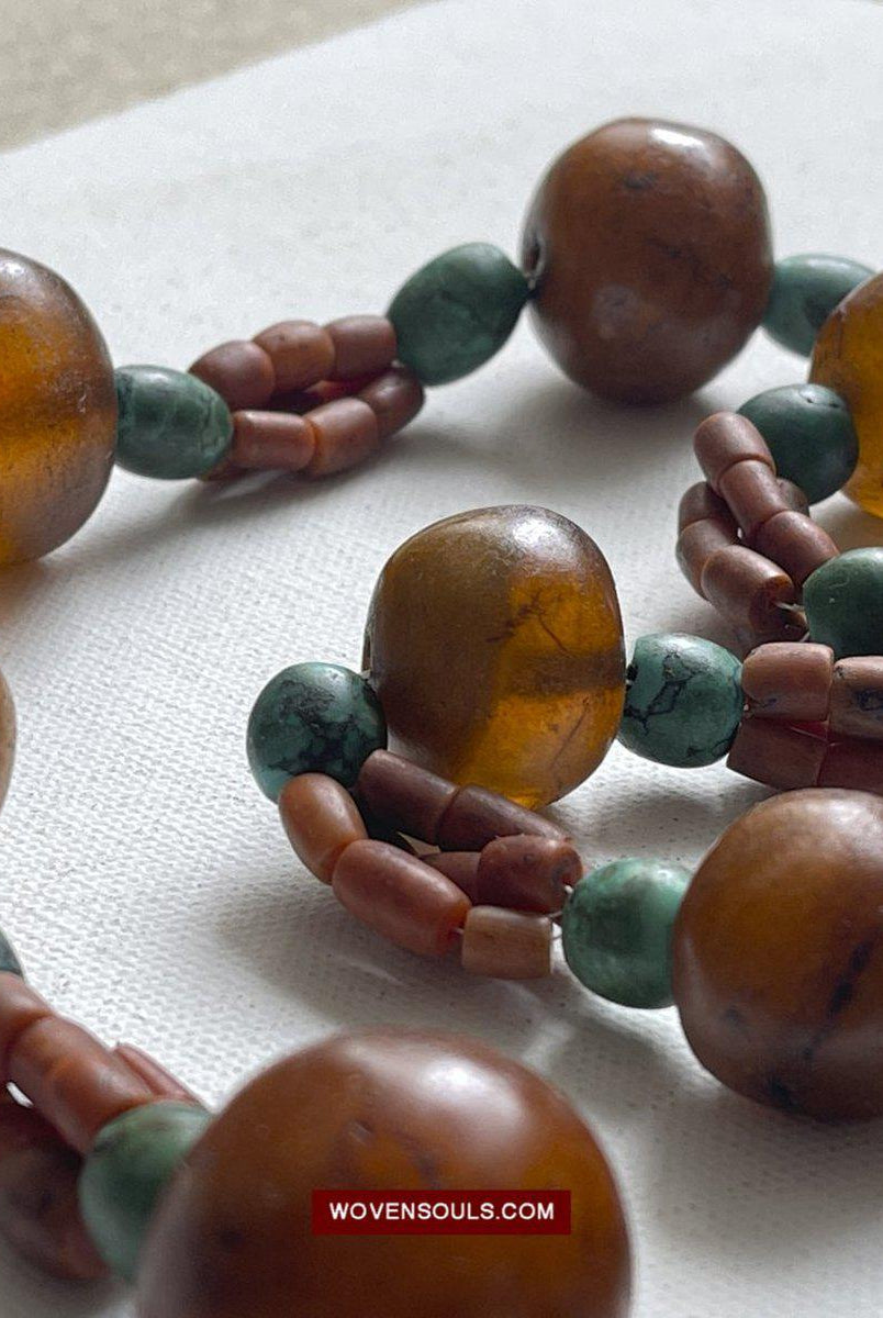 1458 Antique Himalayan Tibetan / Ladakhi Heirloom Jewelry with Amber Coral Turquoise Necklace-WOVENSOULS-Antique-Vintage-Textiles-Art-Decor