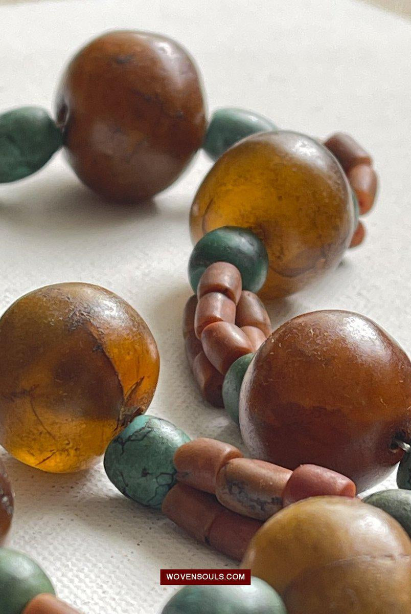 1458 Antique Himalayan Tibetan / Ladakhi Heirloom Jewelry with Amber Coral Turquoise Necklace-WOVENSOULS-Antique-Vintage-Textiles-Art-Decor