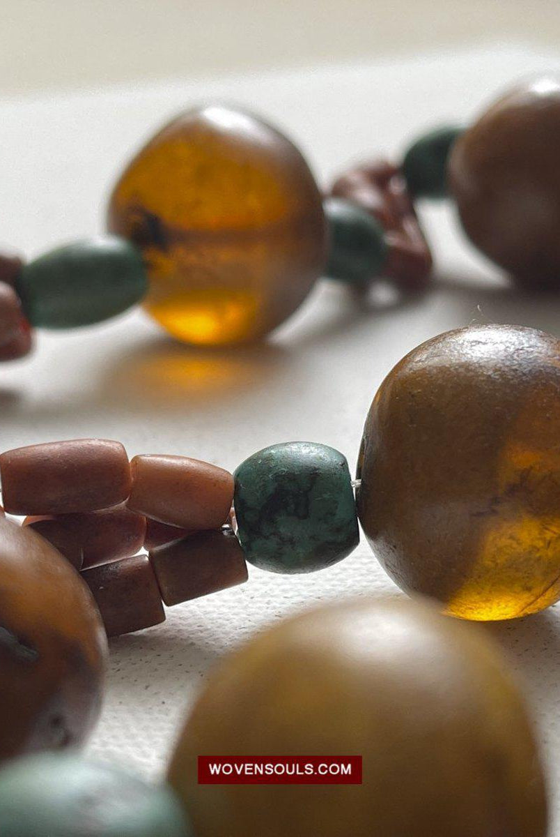 1458 Antique Himalayan Tibetan / Ladakhi Heirloom Jewelry with Amber Coral Turquoise Necklace-WOVENSOULS-Antique-Vintage-Textiles-Art-Decor