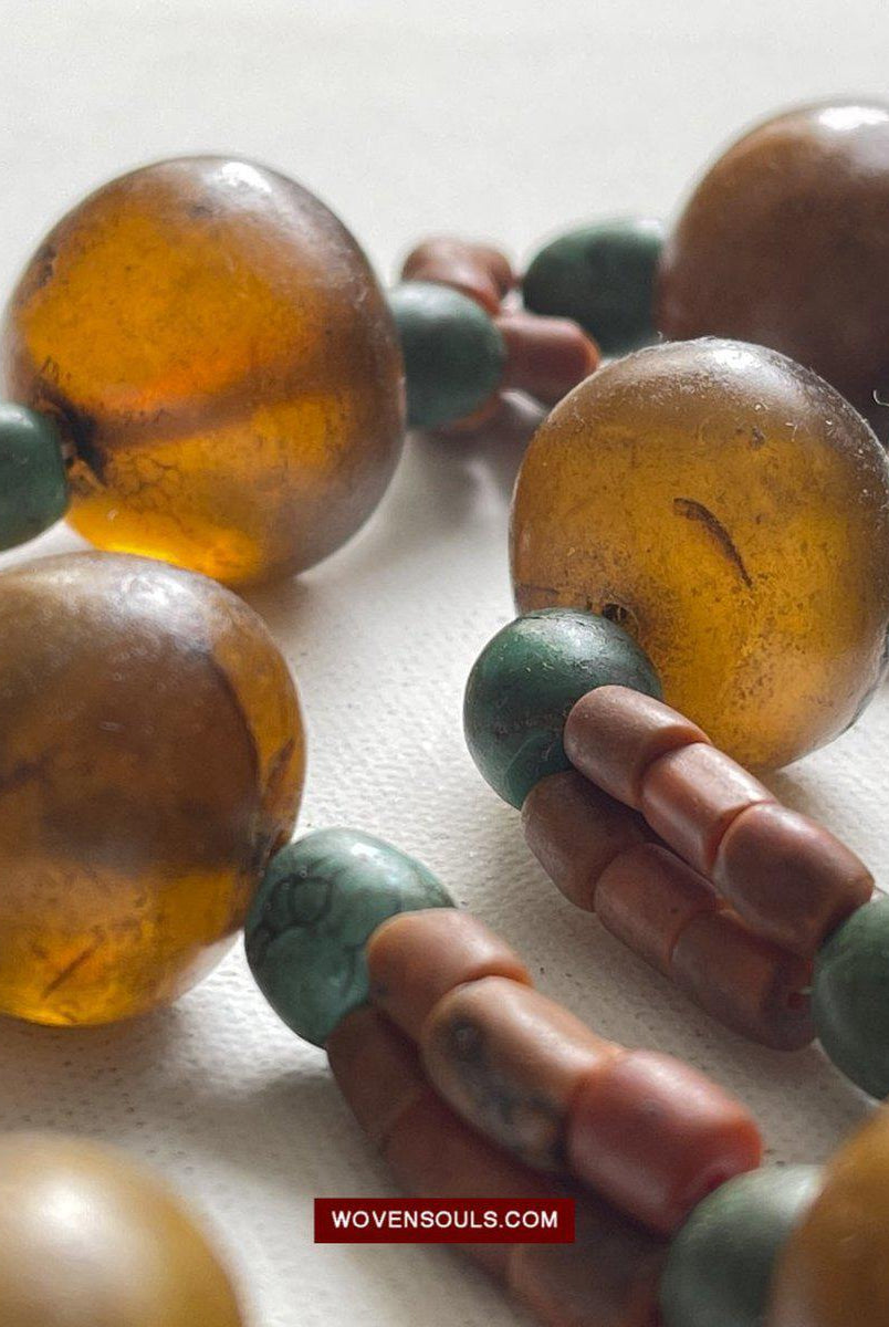 1458 Antique Himalayan Tibetan / Ladakhi Heirloom Jewelry with Amber Coral Turquoise Necklace-WOVENSOULS-Antique-Vintage-Textiles-Art-Decor