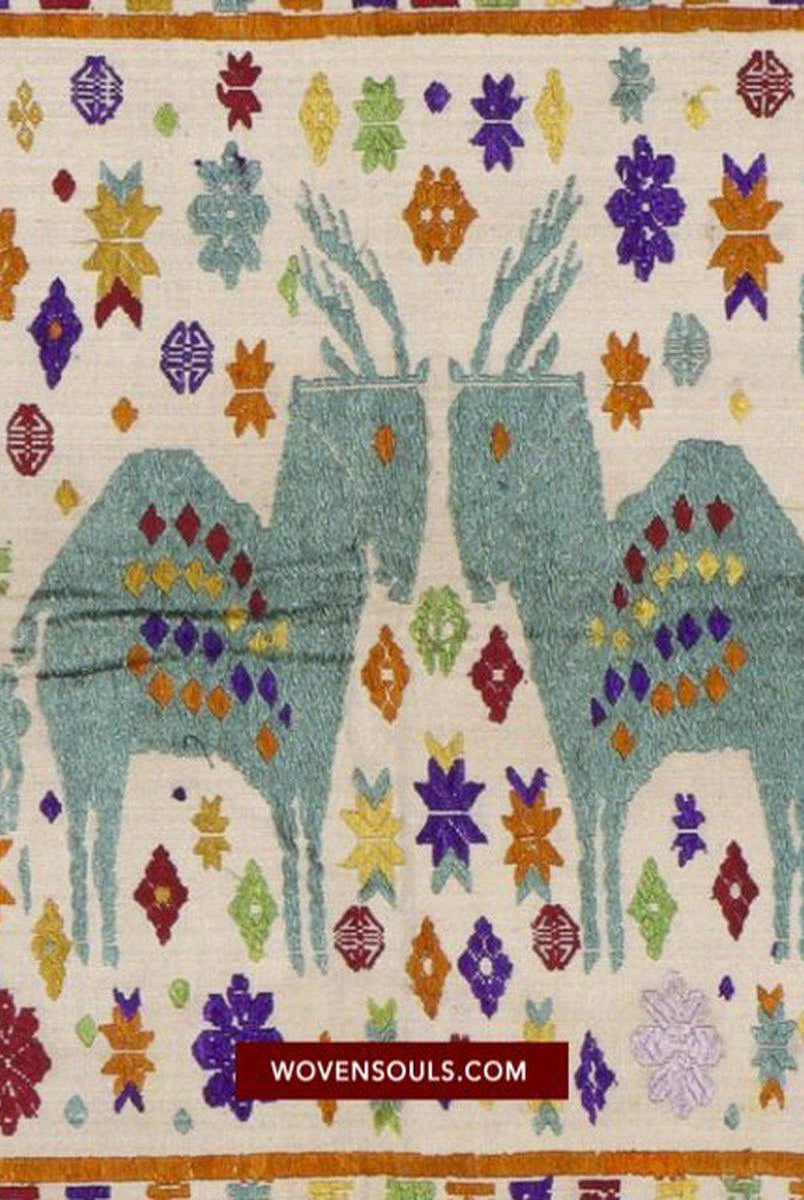 1483 Antique Laos Tai Silk Weaving Textile Art w Antelope Motif-WOVENSOULS-Antique-Vintage-Textiles-Art-Decor