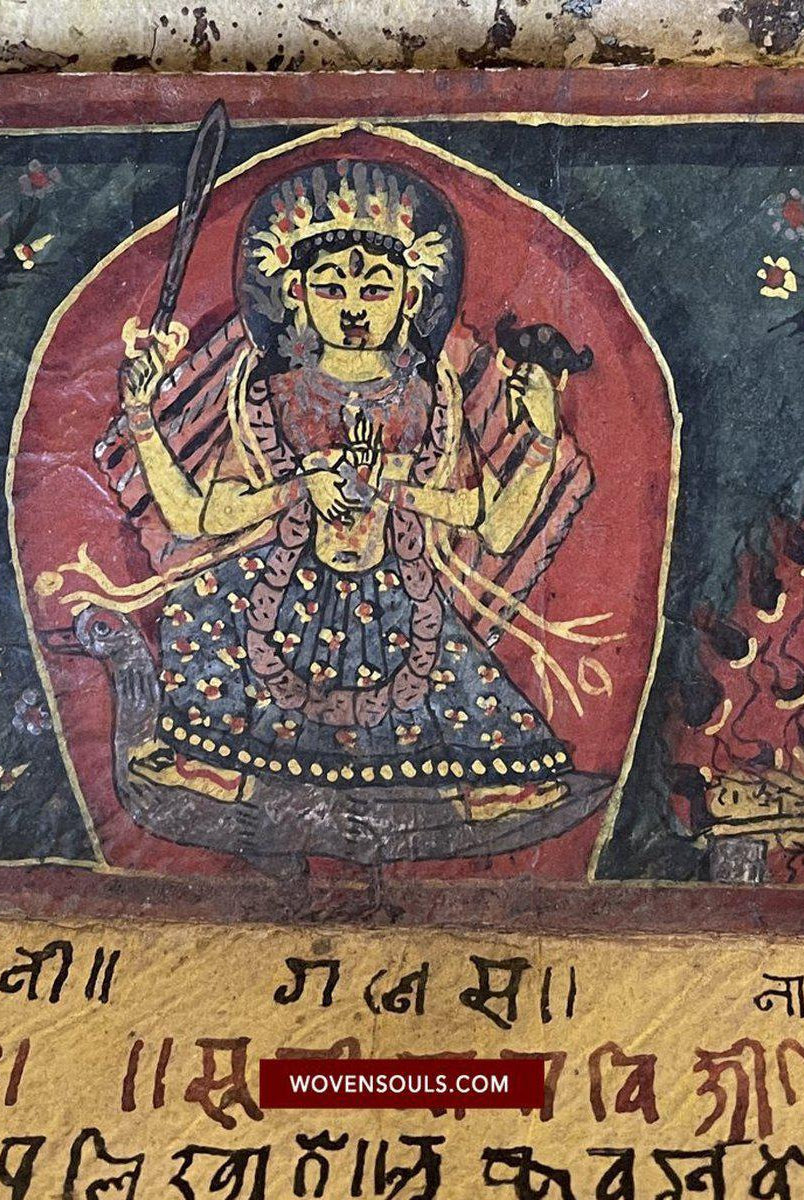1499 An Important Ancient Nepal Hindu Manuscript Scroll with Paintings devoted to Devi Puja-WOVENSOULS-Antique-Vintage-Textiles-Art-Decor