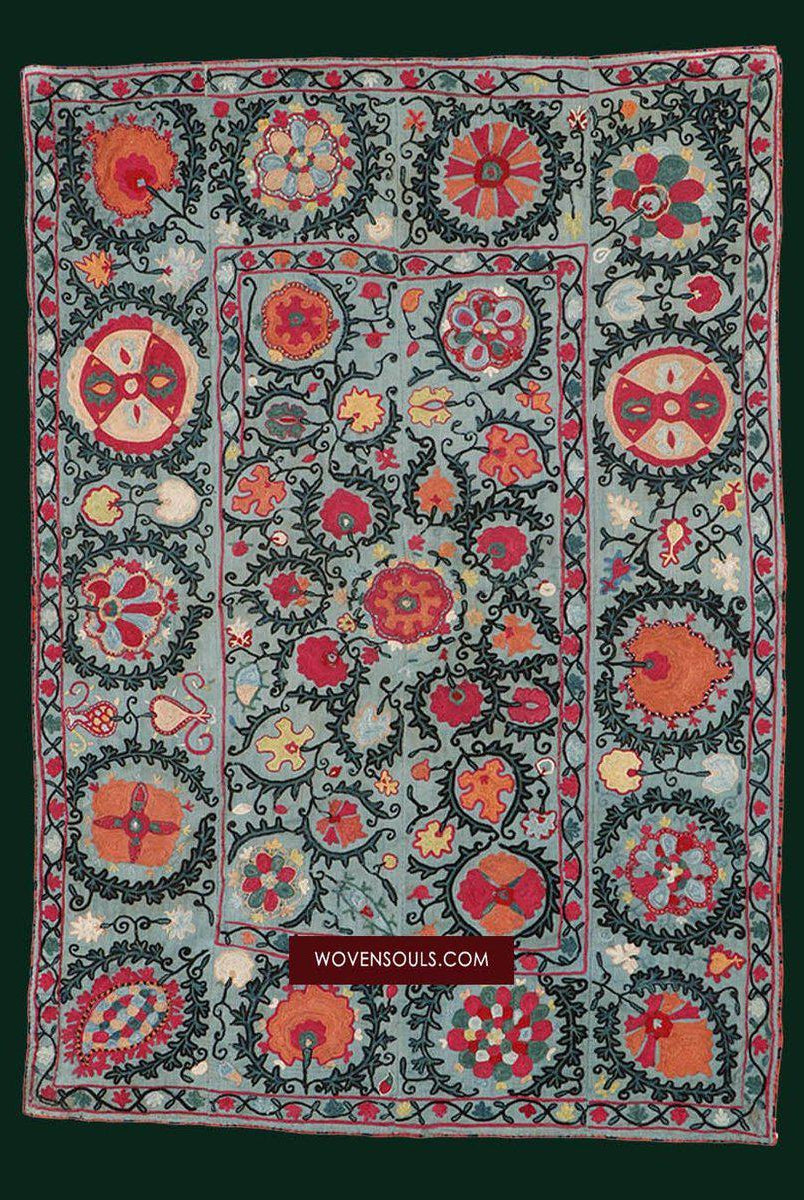 1504 Antique Blue Bukhara Suzani-WOVENSOULS-Antique-Vintage-Textiles-Art-Decor