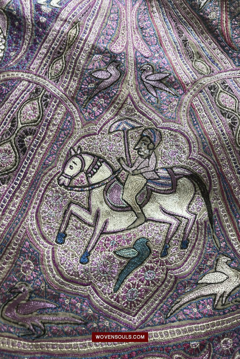 1515 Old Figurative Kashmir Silk Embroidered Amli Shawl-WOVENSOULS-Antique-Vintage-Textiles-Art-Decor