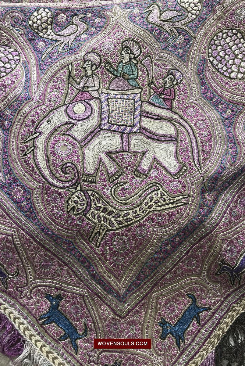1515 Old Figurative Kashmir Silk Embroidered Amli Shawl-WOVENSOULS-Antique-Vintage-Textiles-Art-Decor