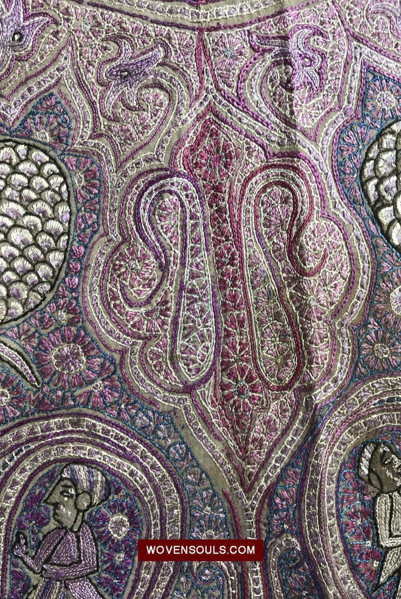 1515 Old Figurative Kashmir Silk Embroidered Amli Shawl-WOVENSOULS-Antique-Vintage-Textiles-Art-Decor