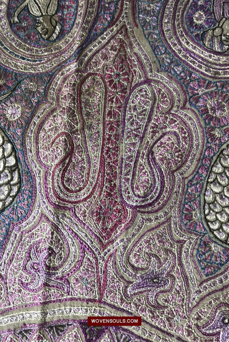 1515 Old Figurative Kashmir Silk Embroidered Amli Shawl-WOVENSOULS-Antique-Vintage-Textiles-Art-Decor