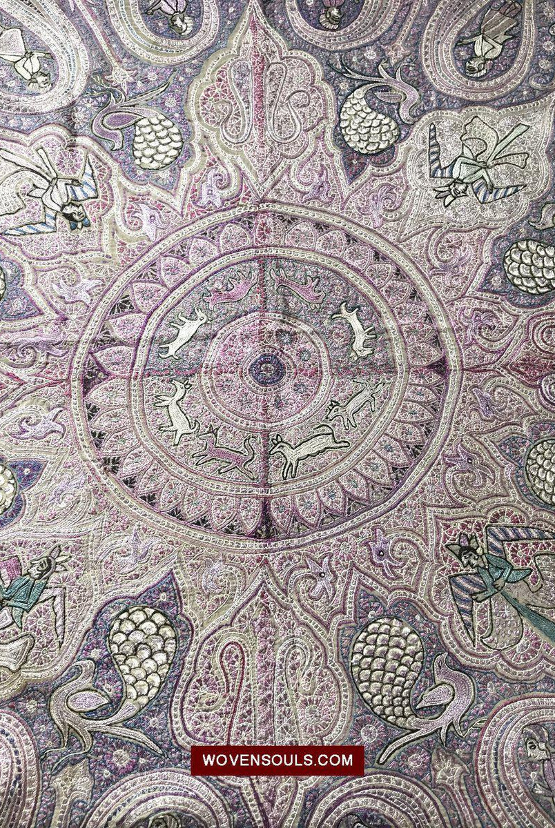 1515 Old Figurative Kashmir Silk Embroidered Amli Shawl-WOVENSOULS-Antique-Vintage-Textiles-Art-Decor