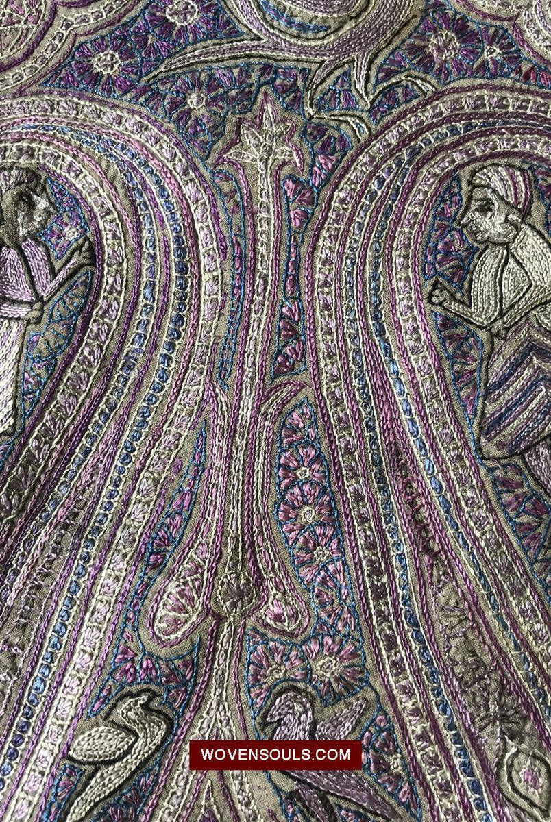 1515 Old Figurative Kashmir Silk Embroidered Amli Shawl-WOVENSOULS-Antique-Vintage-Textiles-Art-Decor