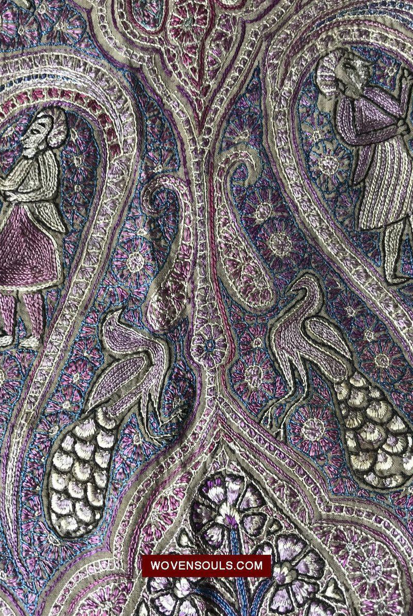 1515 Old Figurative Kashmir Silk Embroidered Amli Shawl-WOVENSOULS-Antique-Vintage-Textiles-Art-Decor