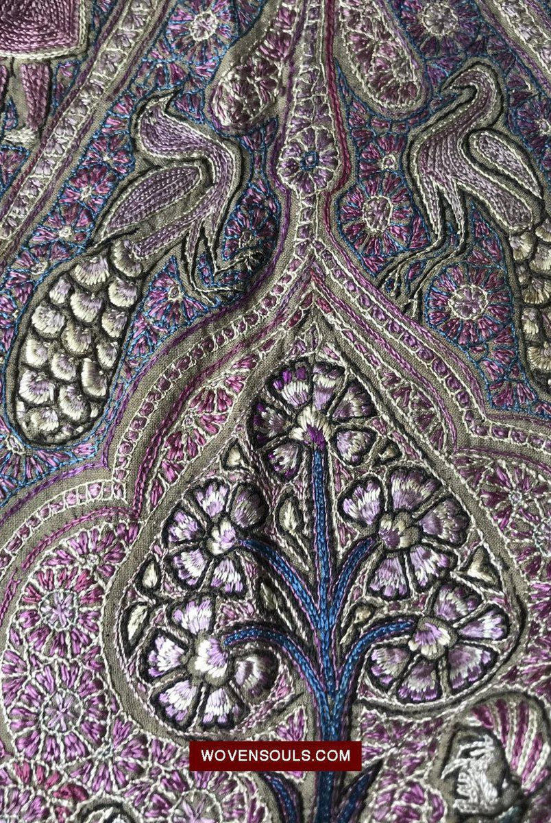 1515 Old Figurative Kashmir Silk Embroidered Amli Shawl-WOVENSOULS-Antique-Vintage-Textiles-Art-Decor