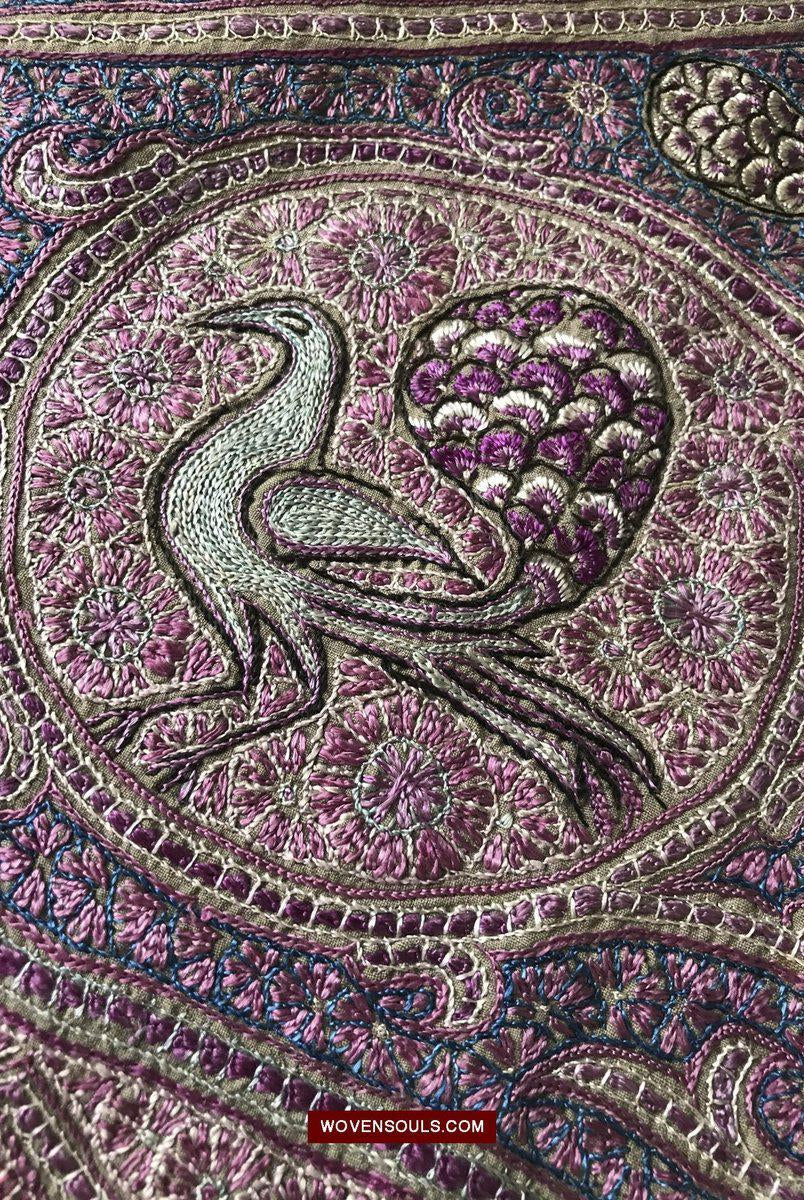 1515 Old Figurative Kashmir Silk Embroidered Amli Shawl-WOVENSOULS-Antique-Vintage-Textiles-Art-Decor