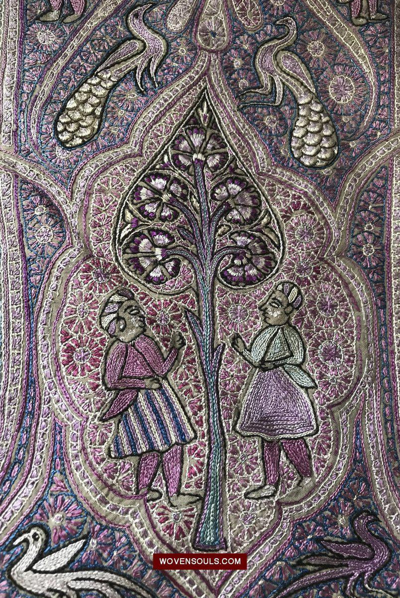 1515 Old Figurative Kashmir Silk Embroidered Amli Shawl-WOVENSOULS-Antique-Vintage-Textiles-Art-Decor