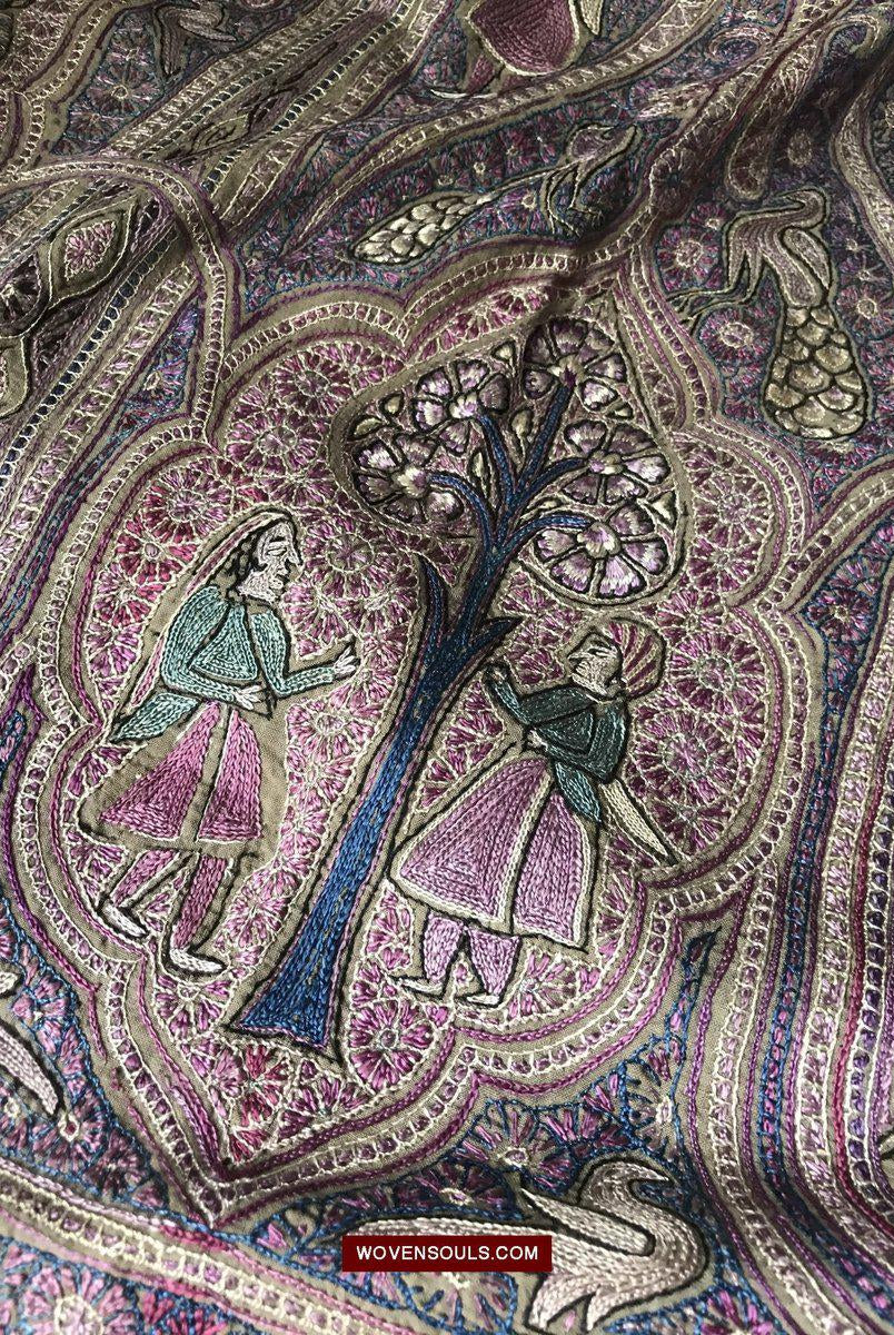 1515 Old Figurative Kashmir Silk Embroidered Amli Shawl-WOVENSOULS-Antique-Vintage-Textiles-Art-Decor